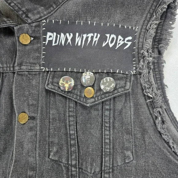 Punk Rock Vest Mens XXL Black Denim Patched Sleeveless Jacket Custom Patches - Picture 6 of 16
